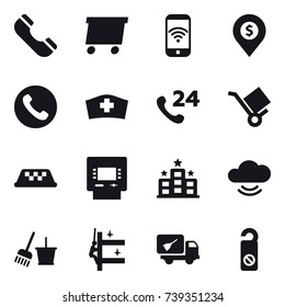 16 vector icon set : phone, delivery, phone wireless, dollar pin, taxi, atm, hotel, bucket and broom, skyscrapers cleaning, home call cleaning, do not distrub