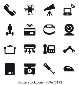 16 vector icon set : phone, chip, telescope, notebook wireless, hoverboard, tap to pay, smart bracelet, web cam, electrostatic, air conditioning, intercome, kitchen scales, iron