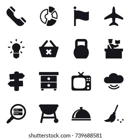 16 vector icon set : phone, circle diagram, flag, plane, bulb, delete cart, inspector, signpost, nightstand, tv, broom