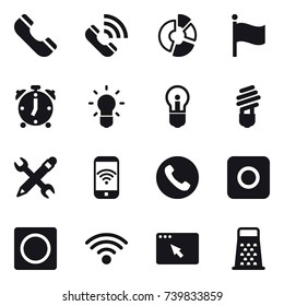 16 vector icon set : phone, call, circle diagram, flag, alarm clock, bulb, pencil wrench, phone wireless, ring button
