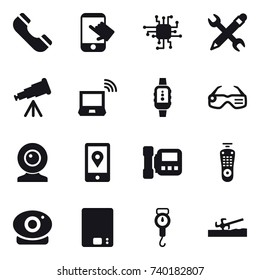 16 vector icon set : phone, touch, chip, pencil wrench, telescope, notebook wireless, smartwatch, smart glasses, web cam, intercome, kitchen scales, handle scales, soil cutter