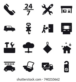 16 vector icon set : phone, 24/7, pencil wrench, gas station, atm, repair tools, rag, house cleaning, car wash, floor washing, home call cleaning, do not distrub