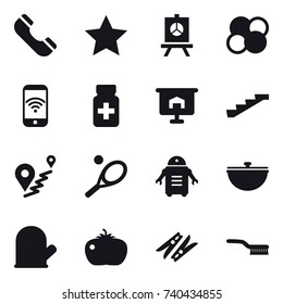 16 vector icon set : phone, star, presentation, atom core, phone wireless, stairs, tennis, cauldron, cook glove, tomato, clothespin, brush