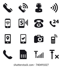 16 vector icon set : phone, call, call center, wireless, phone wireless, mobile pay, mobile checking, camera