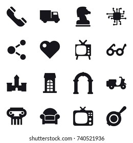 16 vector icon set : phone, truck, chess horse, chip, molecule, heart, tv, castle, building, arch, antique column, armchair, pan