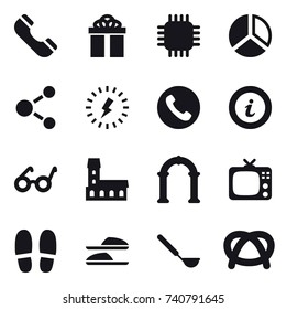 16 vector icon set : phone, gift, chip, diagram, molecule, lightning, info, mansion, arch, tv, slippers, ladle