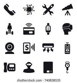 16 vector icon set : phone, chip, pencil wrench, telescope, hoverboard, tap to pay, smartwatch, virtual mask, web cam, mobile pay, air conditioning, remote control, intercome, kitchen scales
