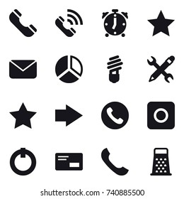 16 vector icon set : phone, call, alarm clock, star, mail, diagram, bulb, pencil wrench, right arrow, ring button