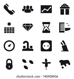 16 vector icon set : phone, group, statistic, gift, sun power, diamond, hotel, barometer, water tap, power socket, stands for knives, seeds, scarecrow, spot