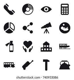 16 vector icon set : phone, circle diagram, eye, calculator, diagram, molecule, telescope, cottage, train, bus, suitcase, kettle