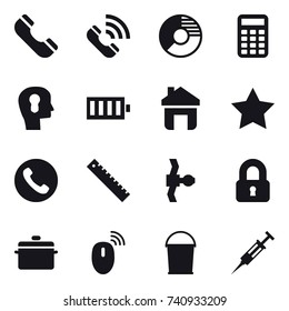 16 vector icon set : phone, call, circle diagram, calculator, bulb head, battery, home, star, ruler, locked, pan, bucket, syringe