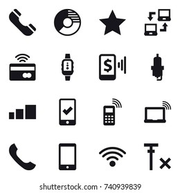 16 vector icon set : phone, circle diagram, star, notebook connect, tap to pay, smartwatch, mobile pay, spark plug, mobile checking