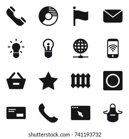 16 vector icon set : phone, circle diagram, flag, mail, bulb, globe connect, phone wireless, remove from basket, star, radiator, ring button, apron