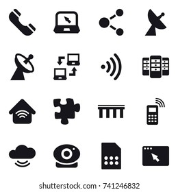 16 vector icon set : phone, notebook, molecule, satellite antenna, notebook connect, wireless, server, wireless home, puzzle, bridge