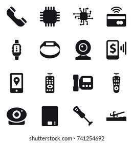 16 vector icon set : phone, chip, tap to pay, smartwatch, smart bracelet, web cam, mobile pay, remote control, intercome, kitchen scales, soil cutter