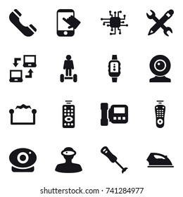 16 vector icon set : phone, touch, chip, pencil wrench, notebook connect, hoverboard, smartwatch, web cam, electrostatic, remote control, intercome, iron