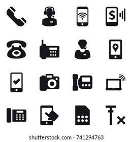 16 vector icon set : phone, call center, phone wireless, mobile pay, mobile checking, camera, intercome