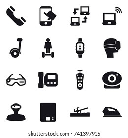 16 vector icon set : phone, touch, notebook connect, notebook wireless, segway, hoverboard, smartwatch, virtual mask, smart glasses, intercome, kitchen scales, soil cutter, iron