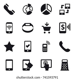 16 vector icon set : phone, circle diagram, diagram, notebook connect, phone wireless, smart bracelet, add to cart, mobile pay, star, mobile checking