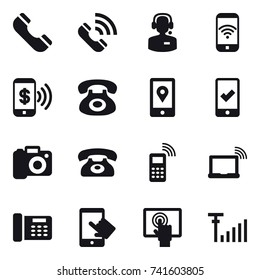 16 vector icon set : phone, call, call center, phone wireless, phone pay, mobile checking, camera