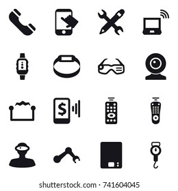 16 vector icon set : phone, touch, pencil wrench, notebook wireless, smartwatch, smart bracelet, smart glasses, web cam, electrostatic, mobile pay, remote control, kitchen scales, handle scales