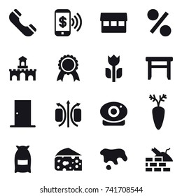 16 vector icon set : phone, phone pay, market, percent, fort, medal, stool, door, flour, cheese, spot, construct garbage