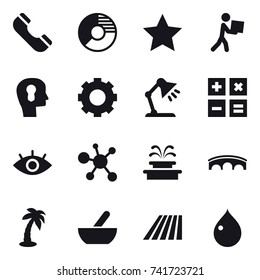 16 vector icon set : phone, circle diagram, star, courier, bulb head, gear, table lamp, calculator, fountain, bridge, palm, mortar, field, drop