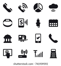 16 vector icon set : phone, call, diagram, cloud wireless, smart bracelet, mobile pay, spark plug, goverment house, trailer, mobile checking