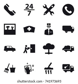 16 vector icon set : phone, 24/7, pencil wrench, tools, trash truck, bucket and broom, wiping, vacuum cleaner, home call cleaning