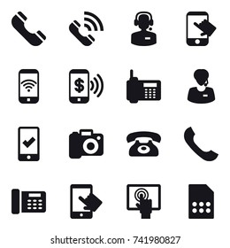 16 vector icon set : phone, call, call center, touch, phone wireless, phone pay, mobile checking, camera