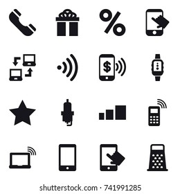 16 vector icon set : phone, gift, percent, touch, notebook connect, wireless, phone pay, smartwatch, star, spark plug