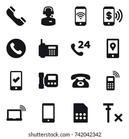 16 vector icon set : phone, call center, phone wireless, phone pay, mobile checking, intercome