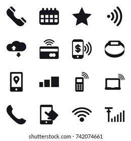 16 vector icon set : phone, calendar, star, wireless, cloude service, tap to pay, phone pay, smart bracelet