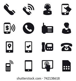 16 vector icon set : phone, call, call center, touch, phone pay, mobile checking, intercom