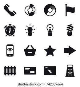 16 vector icon set : phone, circle diagram, flag, alarm clock, bulb, phone wireless, remove from basket, star, right arrow, radiator