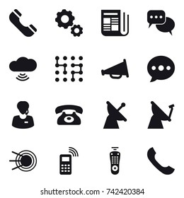16 vector icon set : phone, gear, newspaper, discussion, cloud wireless, chip, loudspeaker, ballon