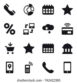 16 vector icon set : phone, circle diagram, calendar, star, percent, notebook connect, cloude service, tap to pay, add to cart, goverment house