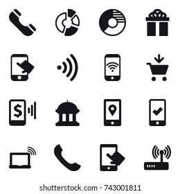 16 vector icon set : phone, circle diagram, gift, touch, wireless, phone wireless, add to cart, mobile pay, goverment house, mobile checking