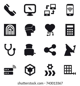 16 vector icon set : phone, monitor arrow, notebook connect, phone wireless, fingerprint, virtual mask, cardio chip, calculator, toaster