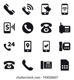 16 vector icon set : phone, call, touch, phone wireless, mobile pay, mobile checking, intercome