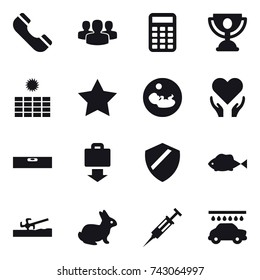 16 vector icon set : phone, group, calculator, trophy, sun power, star, level, baggage get, soil cutter, rabbit, syringe, car wash