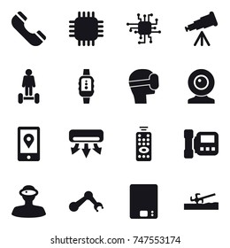 16 vector icon set : phone, chip, telescope, hoverboard, smartwatch, virtual mask, web cam, air conditioning, remote control, intercome, kitchen scales, soil cutter