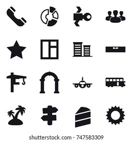 16 vector icon set : phone, circle diagram, satellite, group, star, window, district, level, tower crane, arch, bus, island, signpost, sun