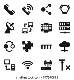 16 vector icon set : phone, call, molecule, hex molecule, satellite antenna, notebook connect, server, quantum bond, puzzle, bridge