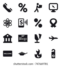 16 vector icon set : phone, percent, courier, monitor arrow, atom, mobile pay, library, plane, welcome mat, pan, do not distrub