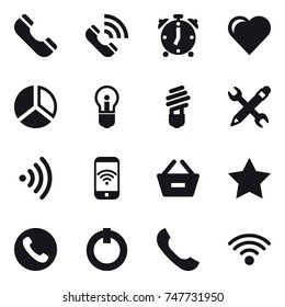 16 vector icon set : phone, call, alarm clock, heart, diagram, bulb, pencil wrench, wireless, phone wireless, remove from basket, star