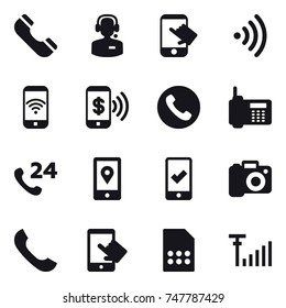 16 vector icon set : phone, call center, touch, wireless, phone wireless, phone pay, mobile checking, camera