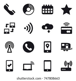 16 vector icon set : phone, circle diagram, calendar, star, notebook connect, wireless, cloude service, tap to pay, antenna, trailer, mobile checking