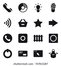 16 vector icon set : phone, circle diagram, bulb, wireless, remove from basket, star, right arrow, ring button, radiator, apron