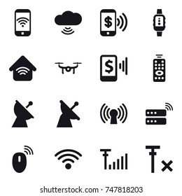 16 vector icon set : phone wireless, cloud wireless, phone pay, smartwatch, wireless home, drone, mobile pay, remote control, satellite antenna